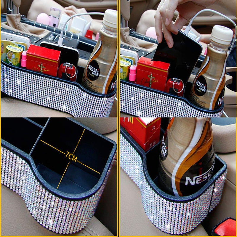 WedFeir Car Seat Side Drop Organizer, Sparkle Car Seat Gap Filler, Car Seat Console Storage Organizer, Crystal Car Seat Pockets with Cup Holder and Two Charging Ports for Co-Driver. - Image 2